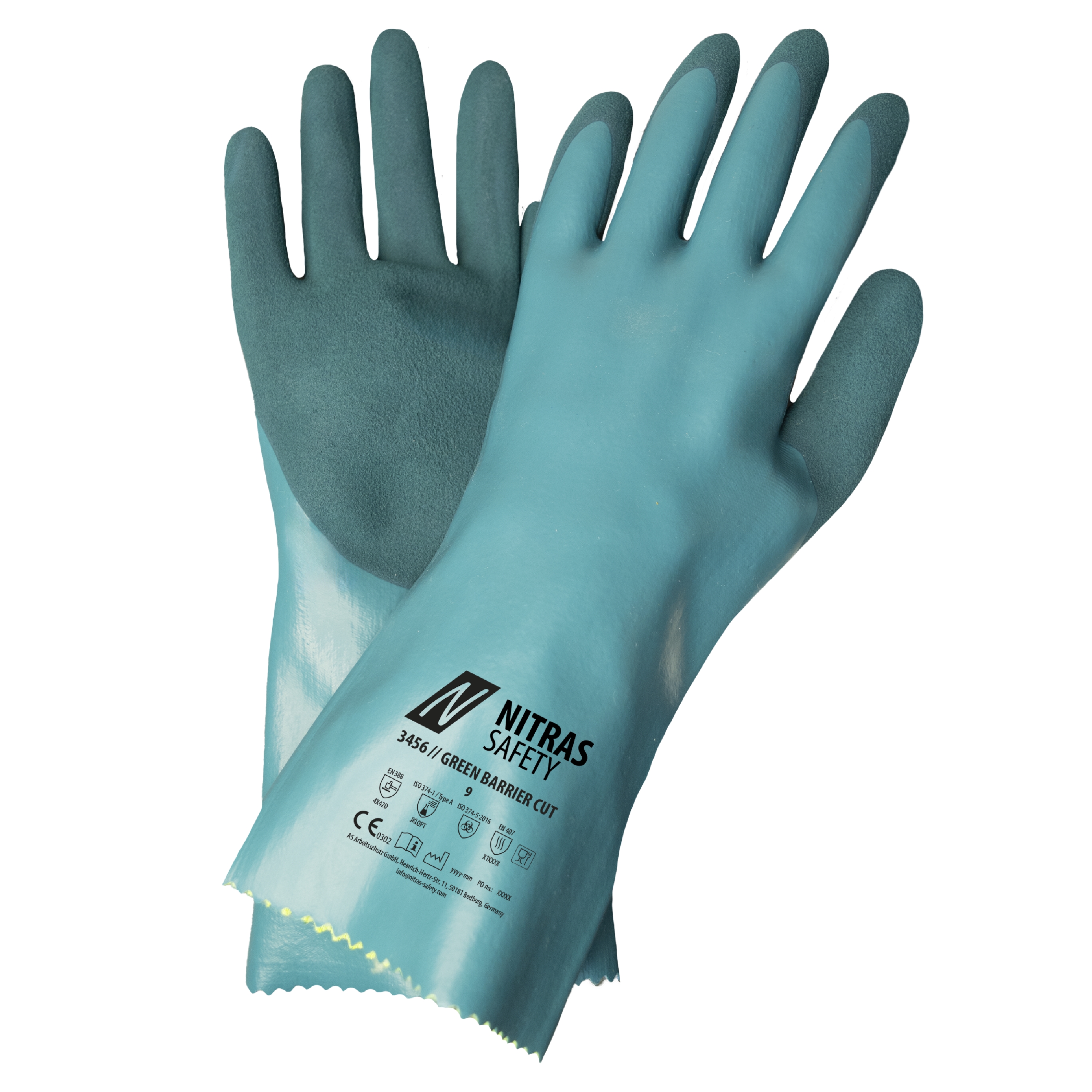 3456 - NITRAS GREEN BARRIER CUT, Chemikalienschutzhandschuhe, petrol, EN 388, EN ISO 374, EN 407