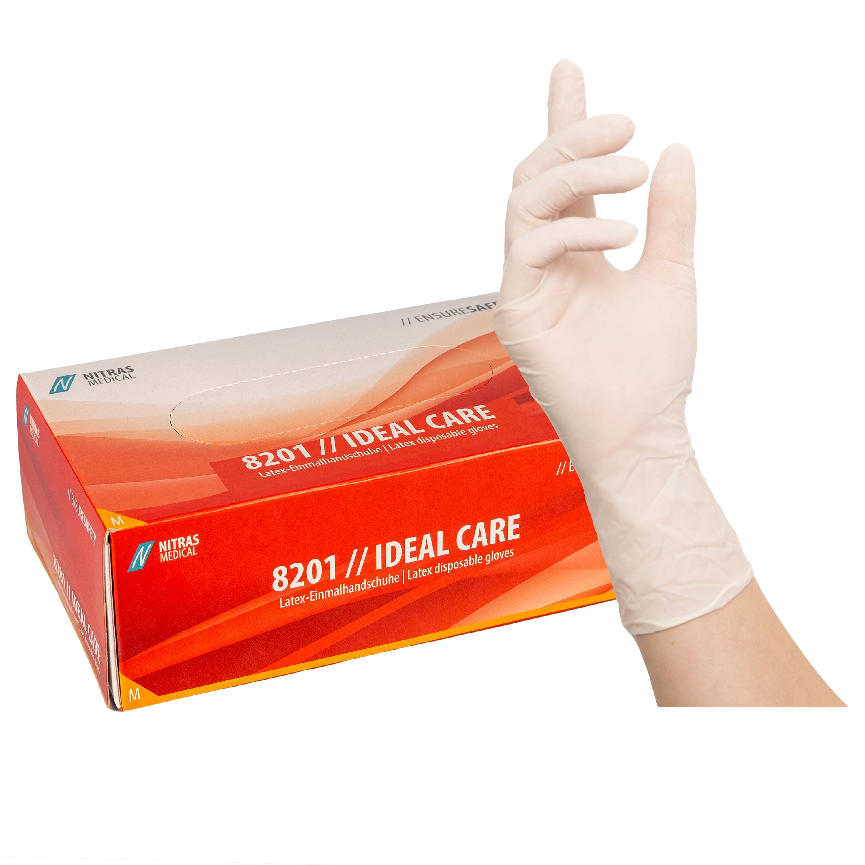 8201 - NITRAS IDEAL CARE, Latex-Einmalhandschuhe, weiß, Box à 100 Stück