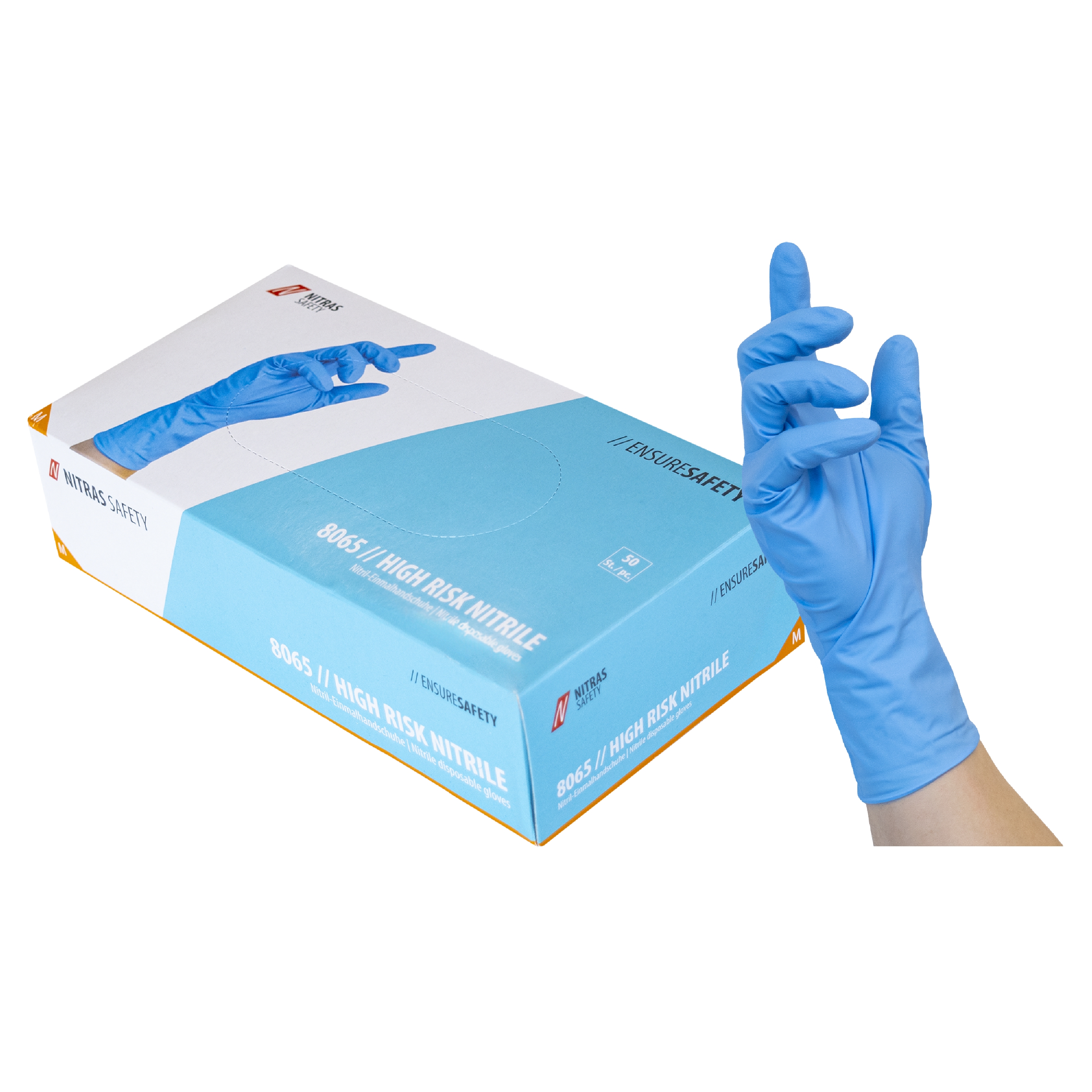 8065 - NITRAS HIGH RISK NITRILE, Nitril-Einmalhandschuhe, blau, EN ISO 374, EN 388, Box à 50 Stück (Gr. 2XL - Box à 45 Stück)