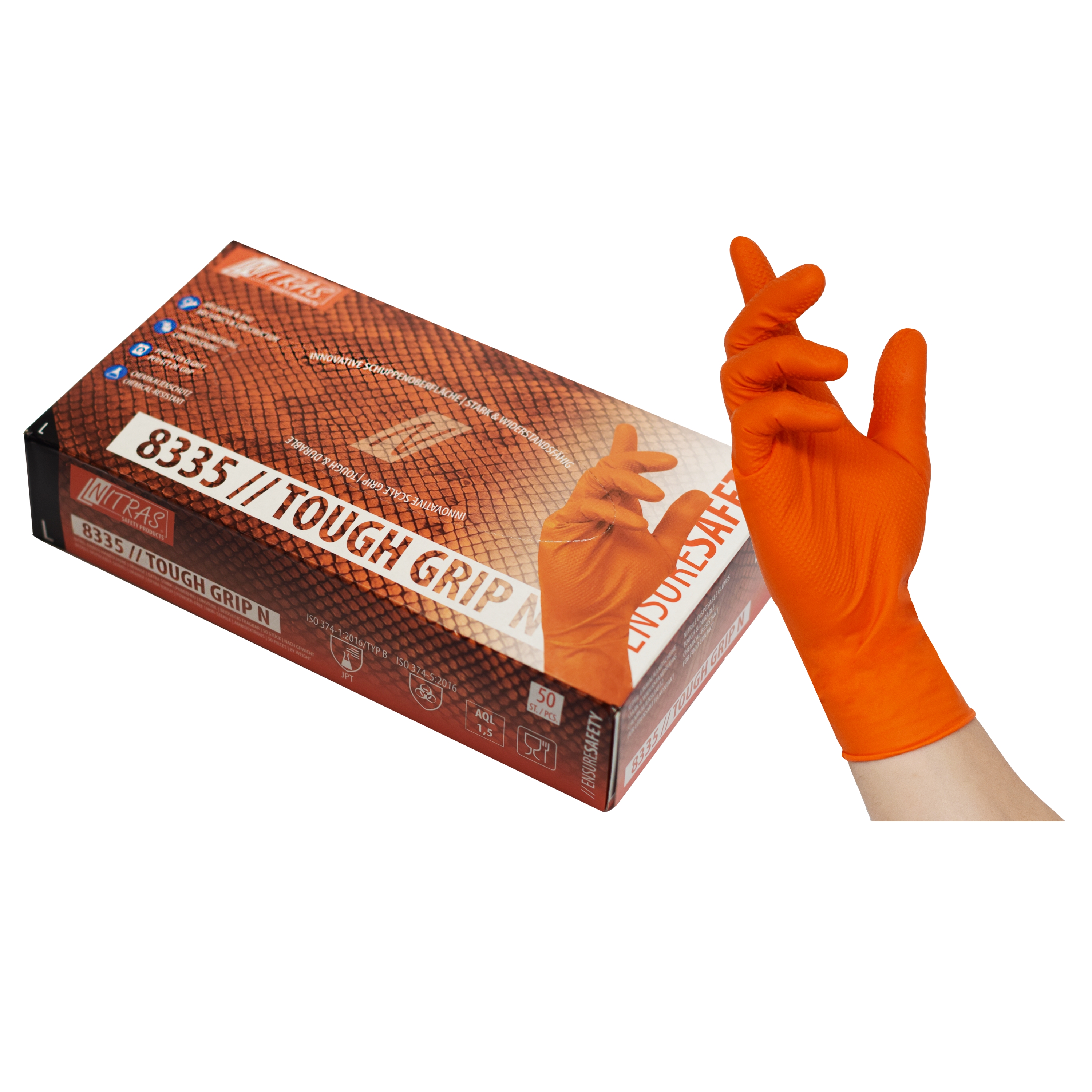 8335 - NITRAS TOUGH GRIP N, Nitril-Einmalhandschuhe, orange, EN ISO 374, Box à 50 Stück