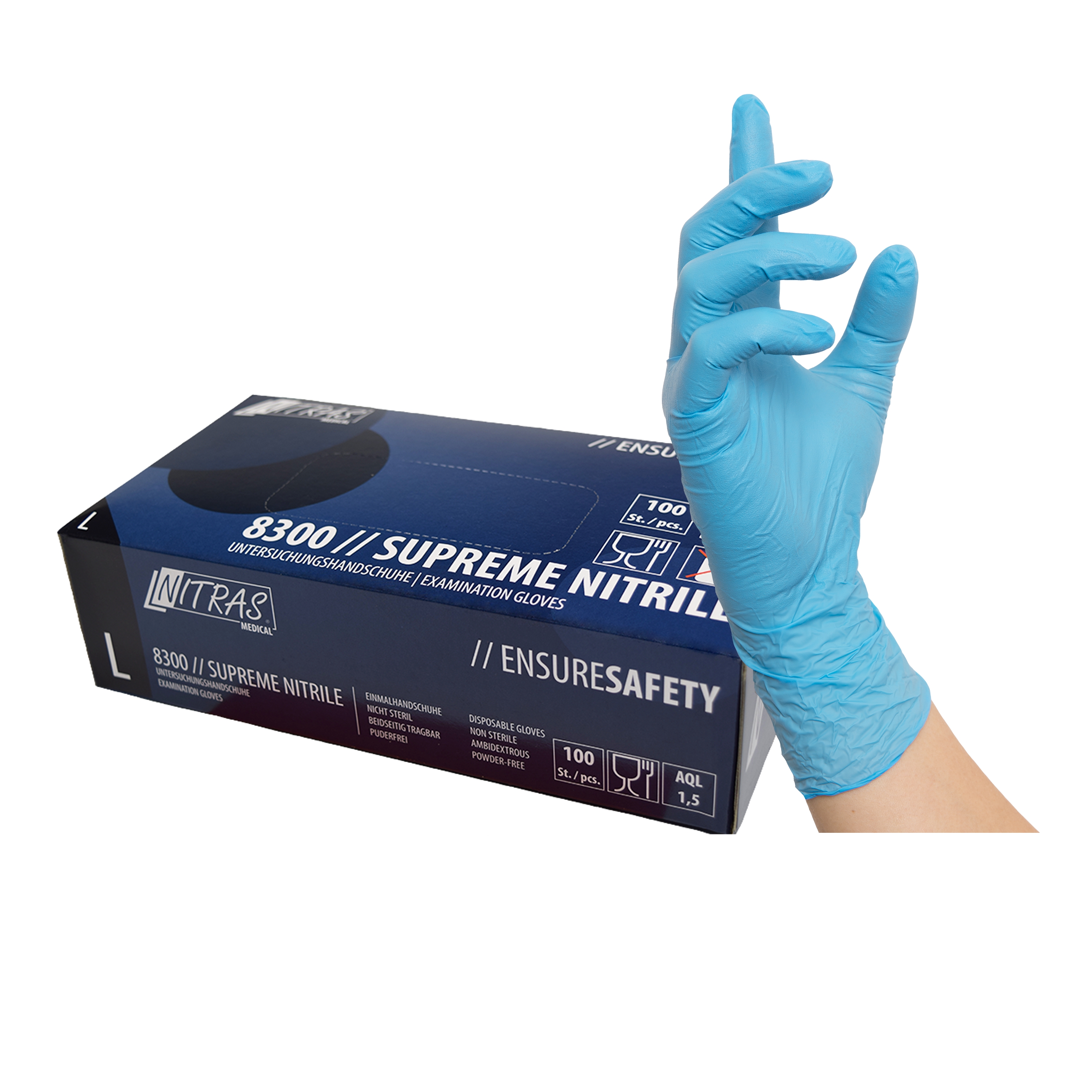 8300 - NITRAS SUPREME NITRILE, Nitril-Einmalhandschuhe, blau, EN ISO 374, Box à 100 Stück