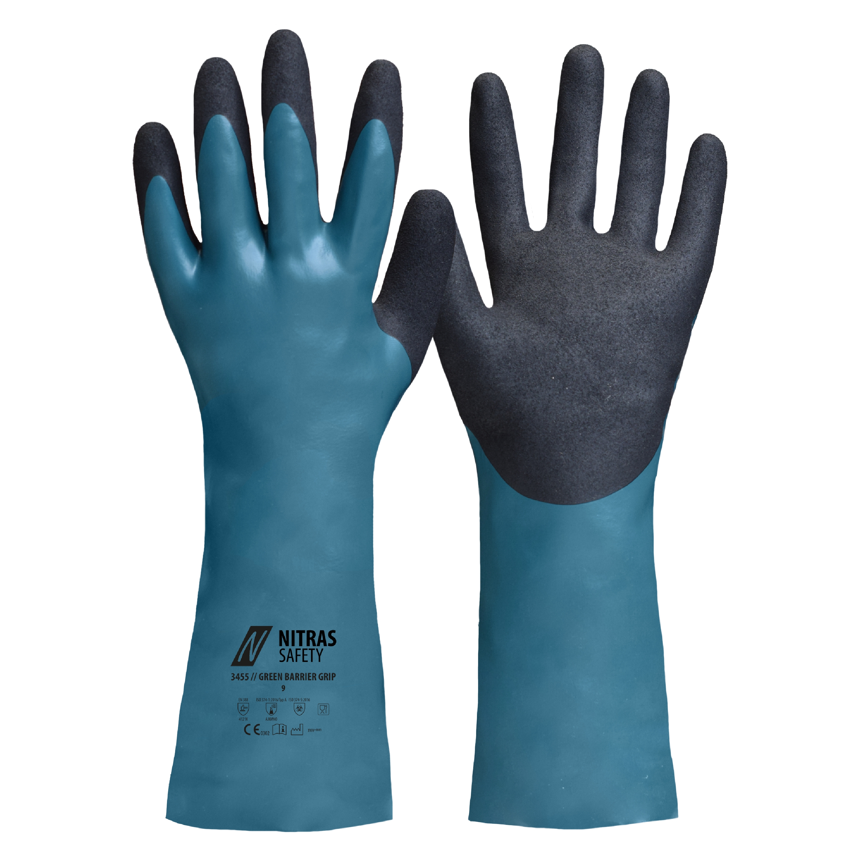 3455 - NITRAS GREEN BARRIER GRIP, Chemikalienschutzhandschuhe, petrol / schwarz, EN 388, EN ISO 374