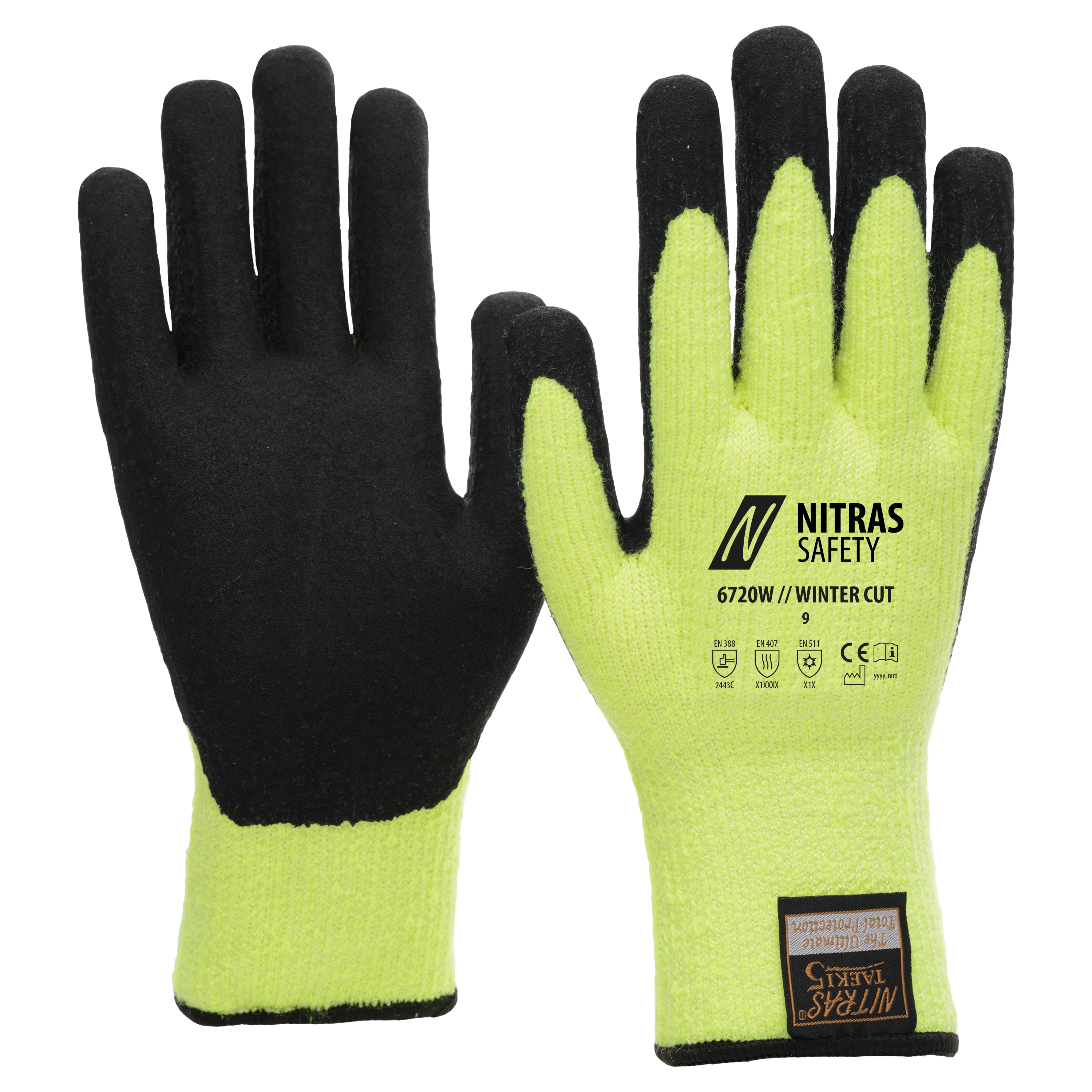 6720W - NITRAS TAEKI WINTER CUT, Schnittschutzhandschuhe, neongelb / schwarz, EN 388, EN 407, EN 511