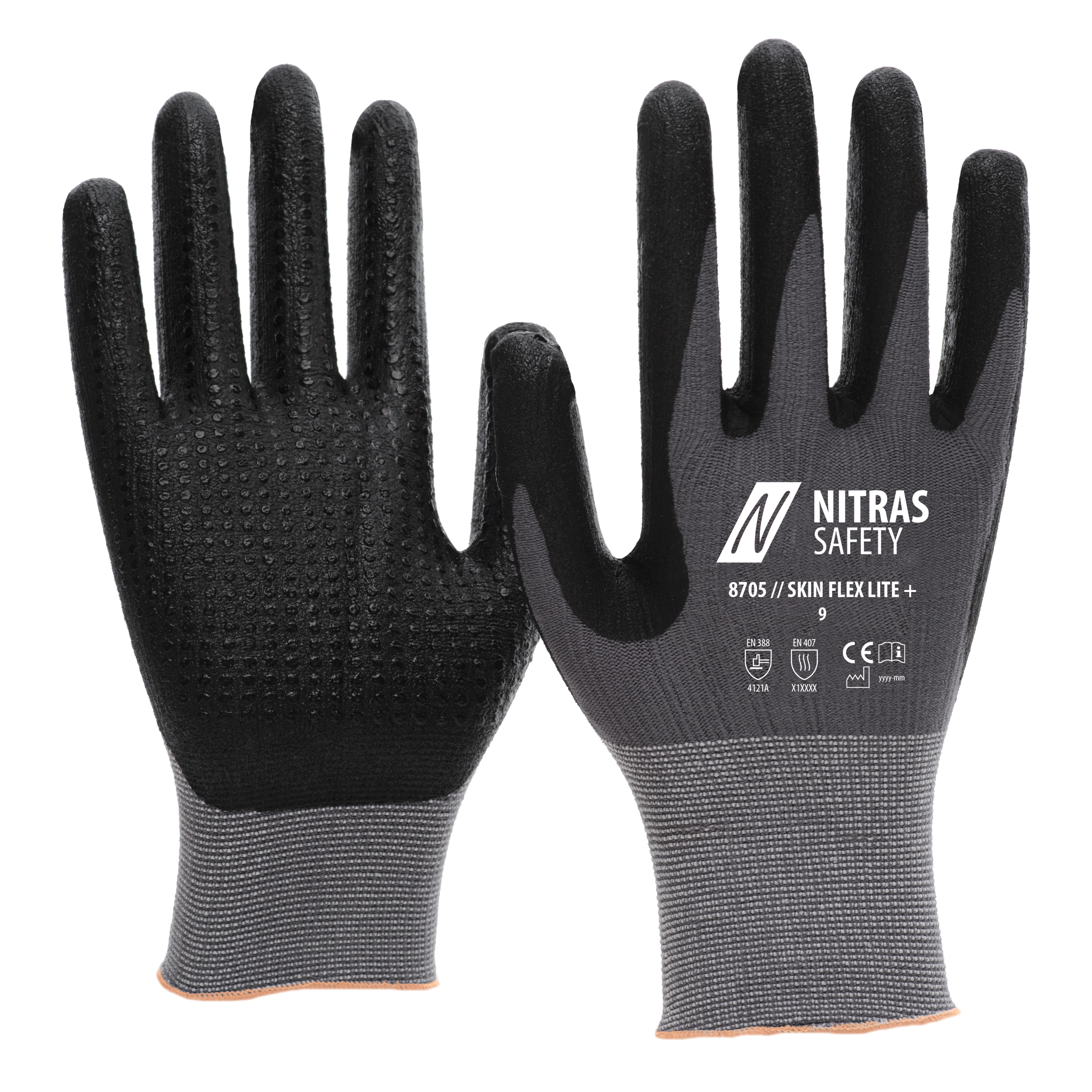 8705 - NITRAS SKIN FLEX LITE+, Montagehandschuhe, grau / schwarz, EN ISO 21420, EN 388, EN 407, OEKO-TEX