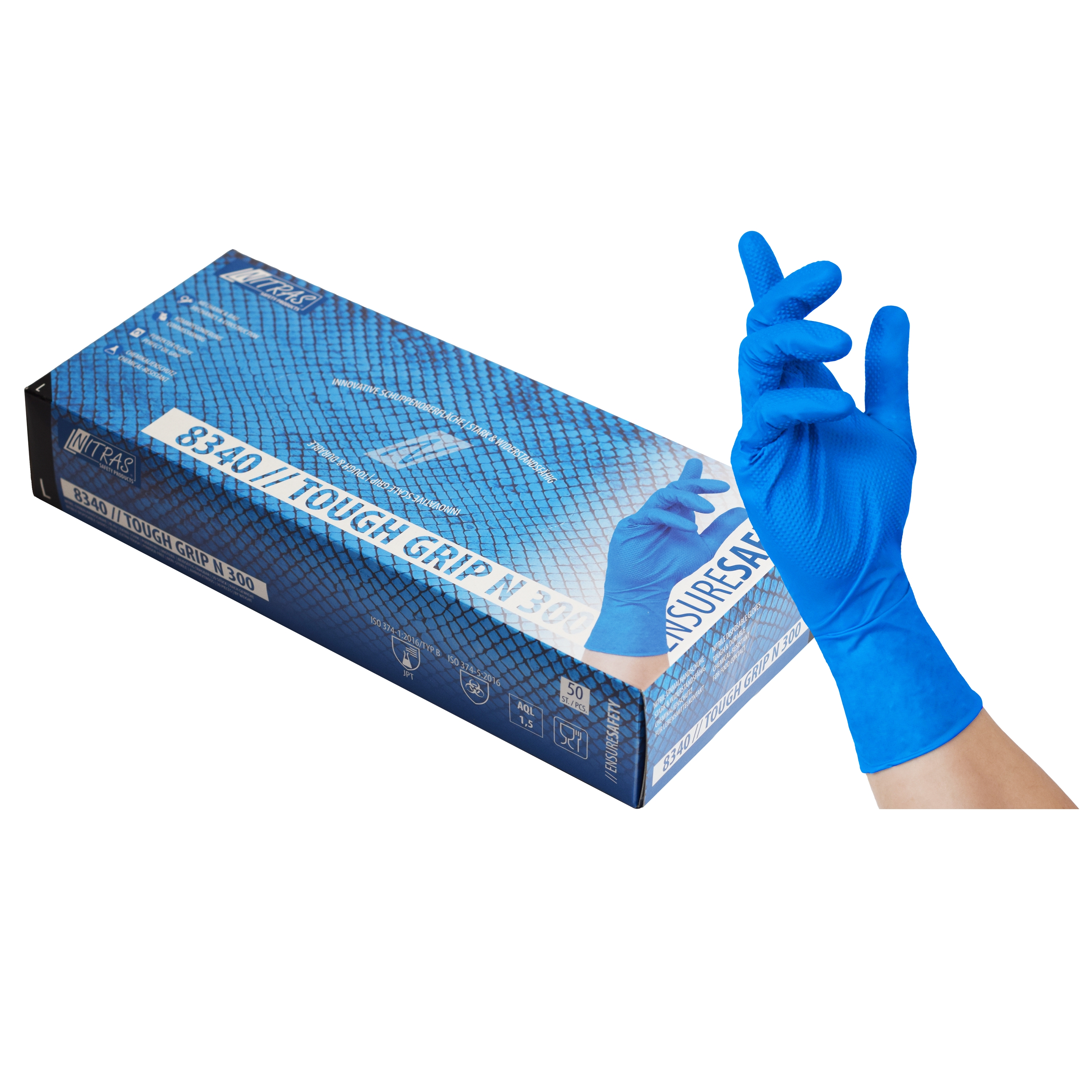 8340 - NITRAS TOUGH GRIP N 300, Nitril-Einmalhandschuhe, blau, EN ISO 374, Box à 50 Stück