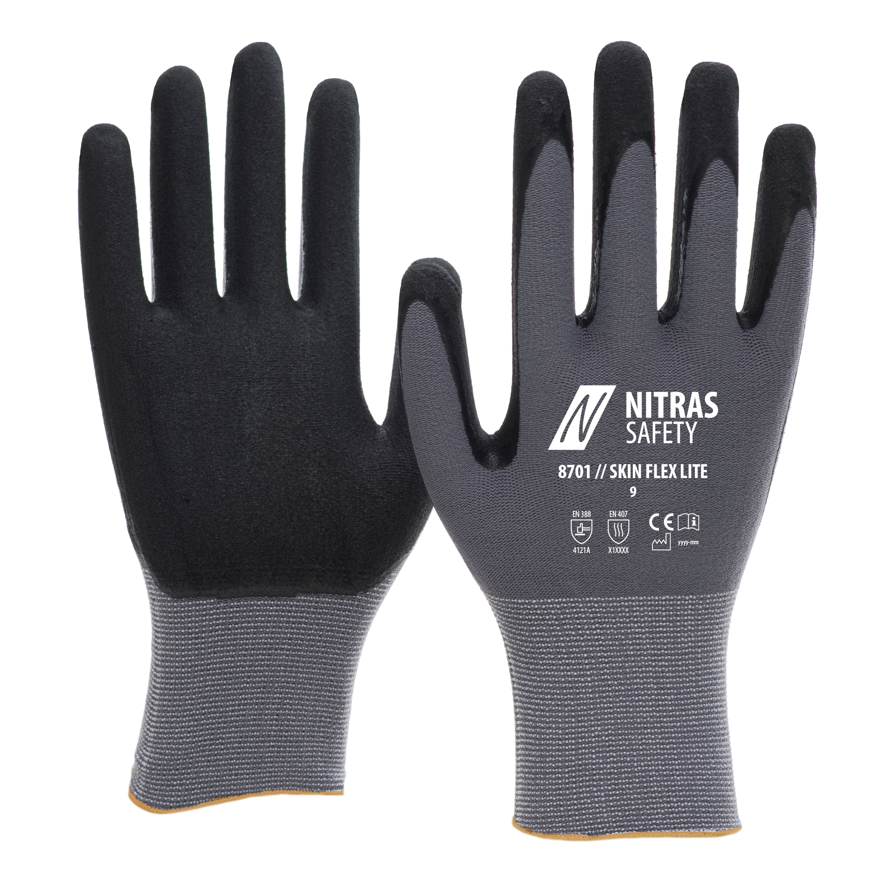 8701 - NITRAS SKIN FLEX LITE, Montagehandschuhe, grau / schwarz, EN ISO 21420, EN 388, EN 407, OEKO-TEX