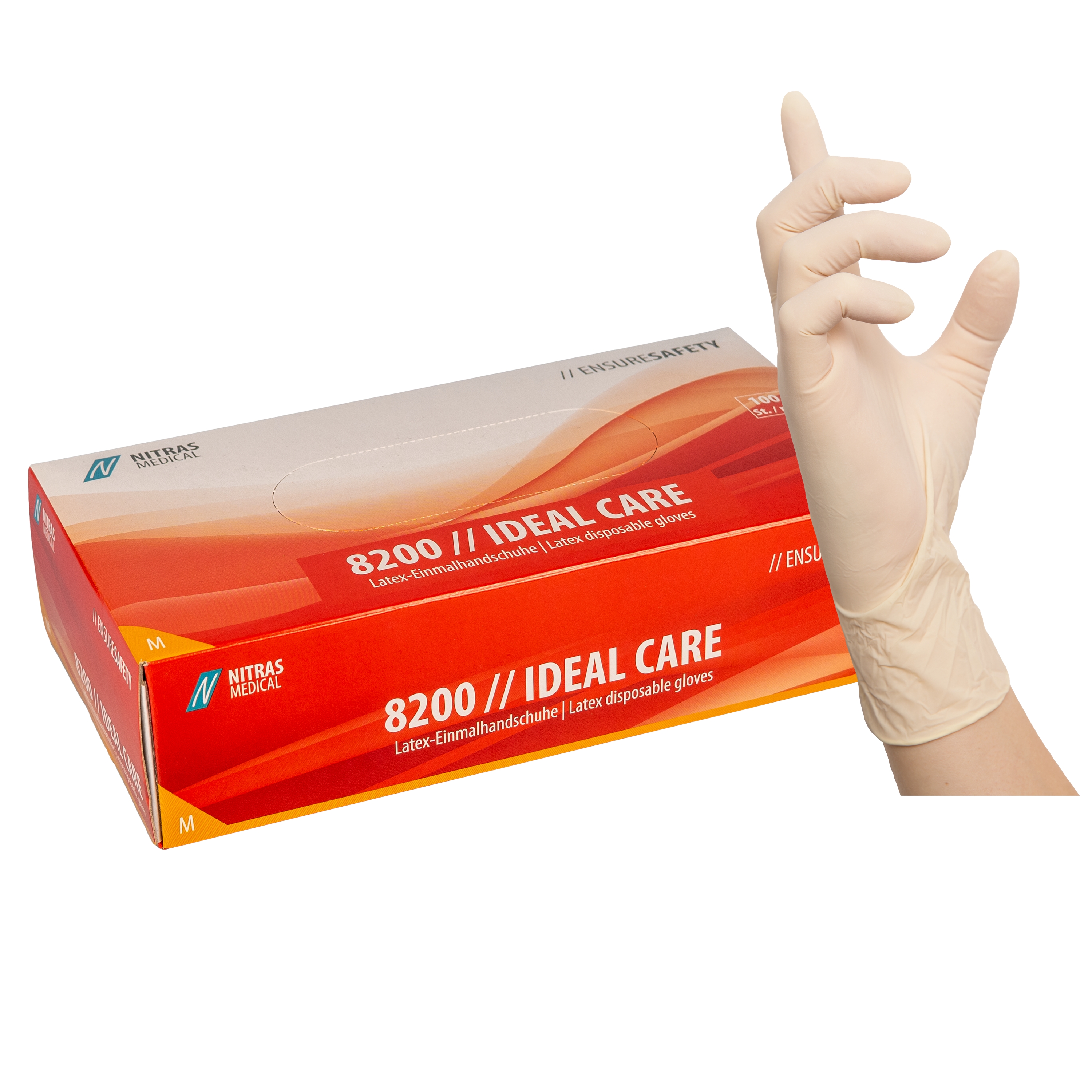 8200 - NITRAS IDEAL CARE, Latex-Einmalhandschuhe, naturfarben, Box à 100 Stück