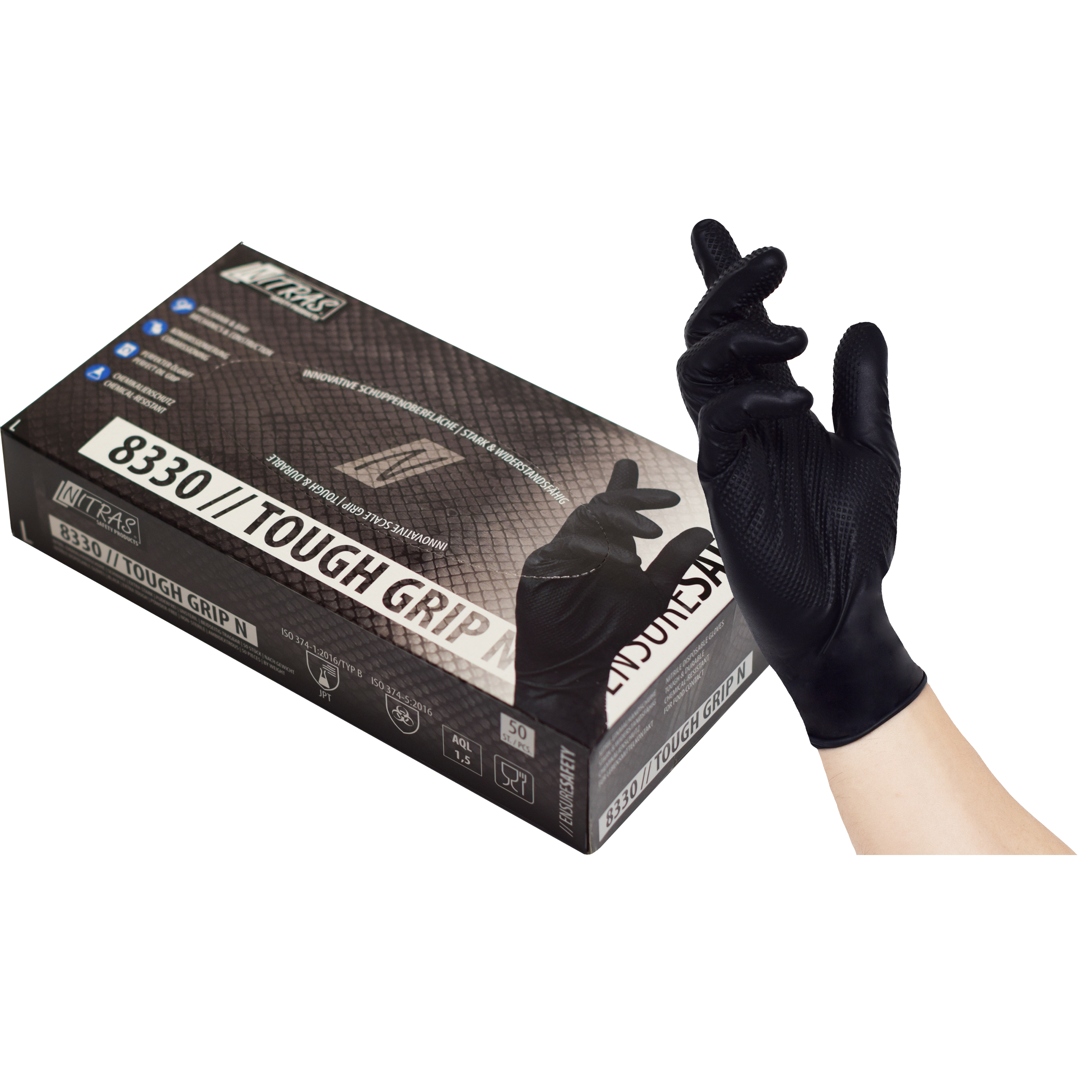 8330 - NITRAS TOUGH GRIP N, Nitril-Einmalhandschuhe, schwarz, EN ISO 374, Box à 50 Stück